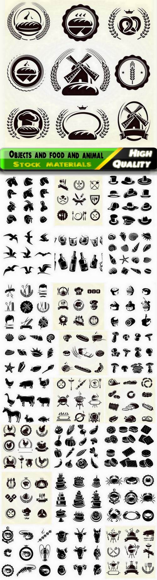 Set of different objects and food and animal icon silhouettes - 25 Eps