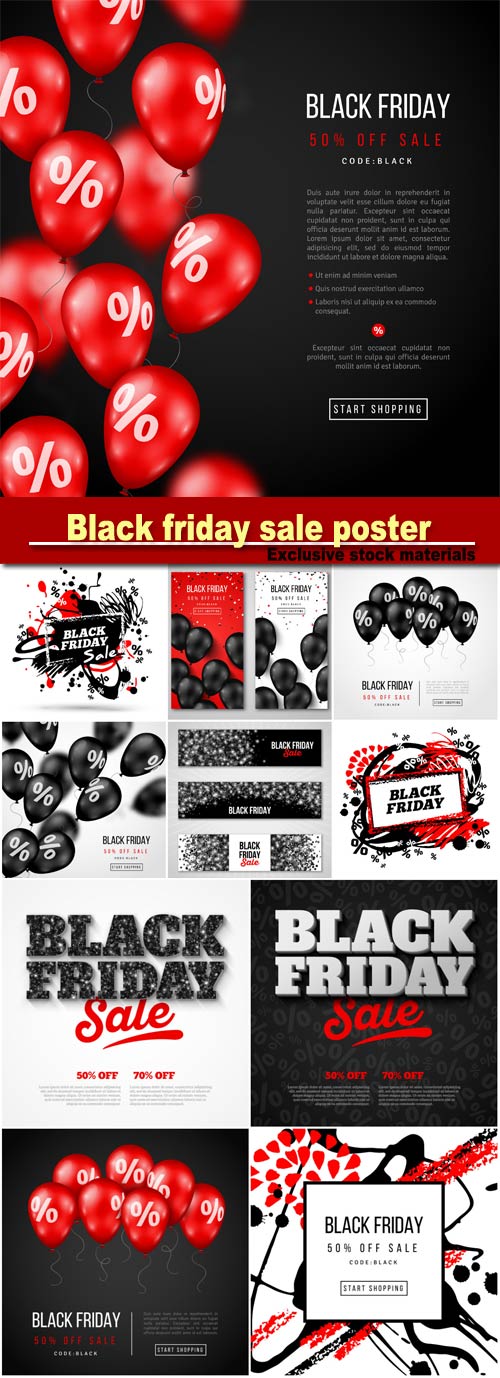 Black friday sale poster with red glossy balloons on dark background, vector illustration