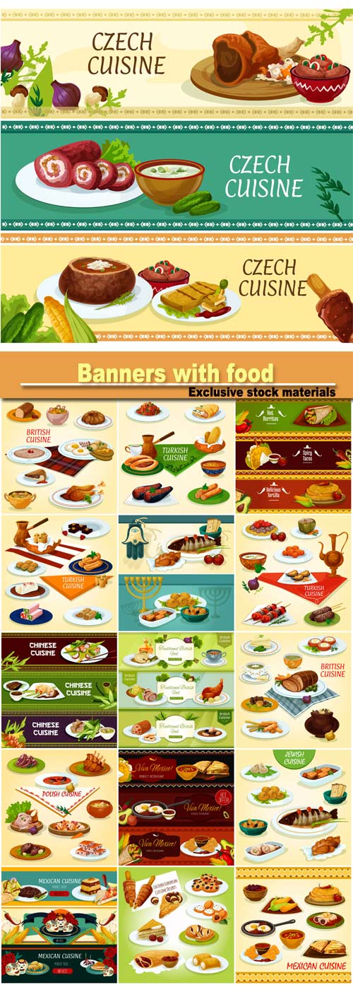 Vector cuisine banners with food