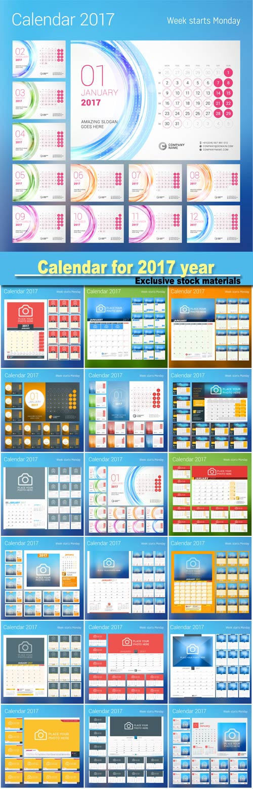 Calendar for 2017 year, vector design print template with place for photo