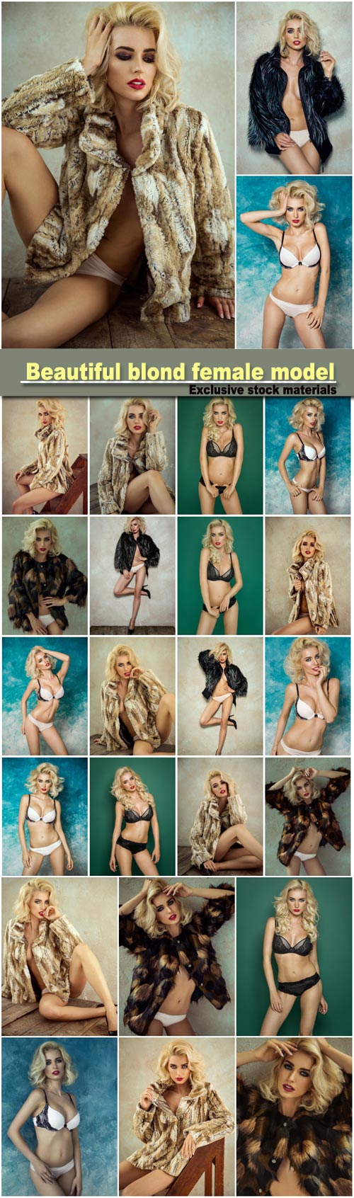 Beautiful blond female model wear fur, sexy female model posing in lingerie