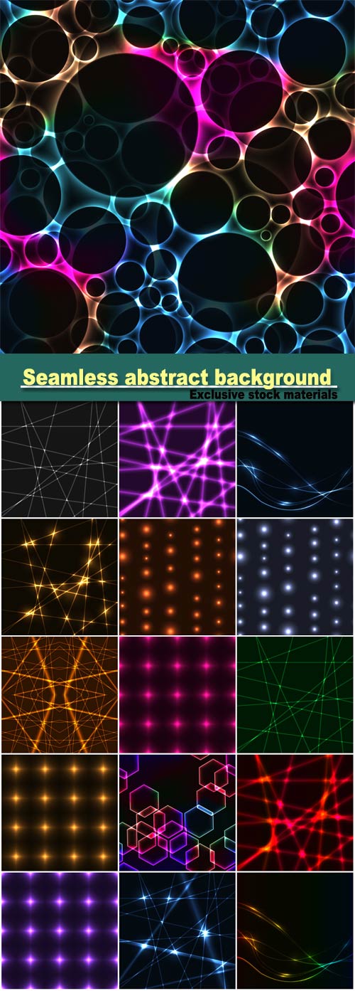 Seamless abstract background from gold Laser beams, colorful spectrum hexagons outlines, laser rays