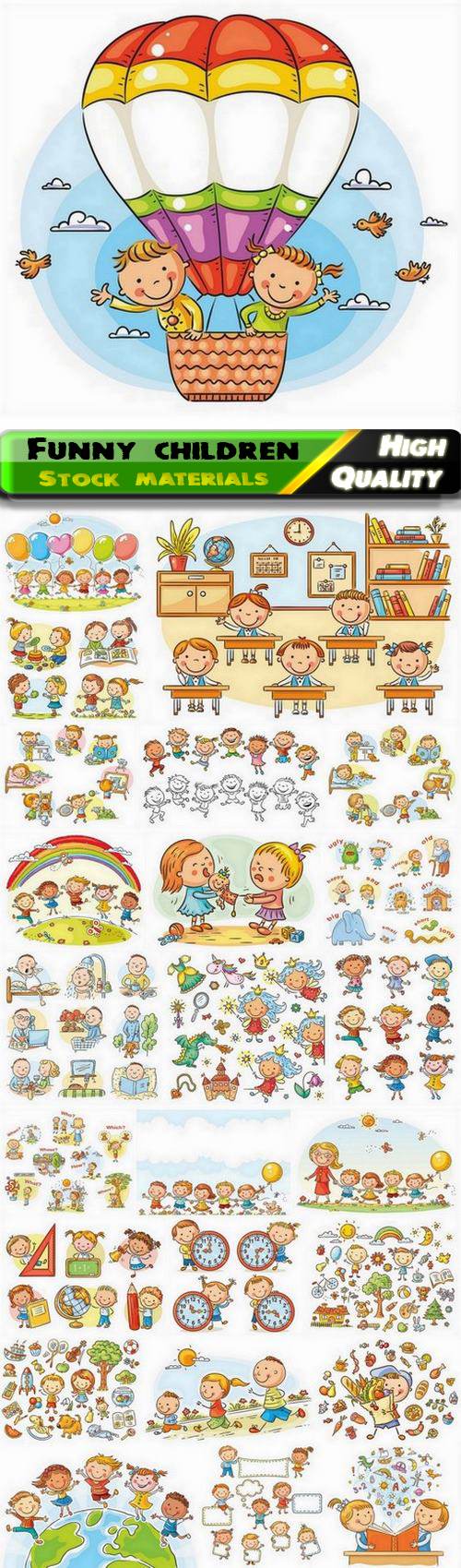 Illustration of funny children and happy cartoon kids - 25 Eps