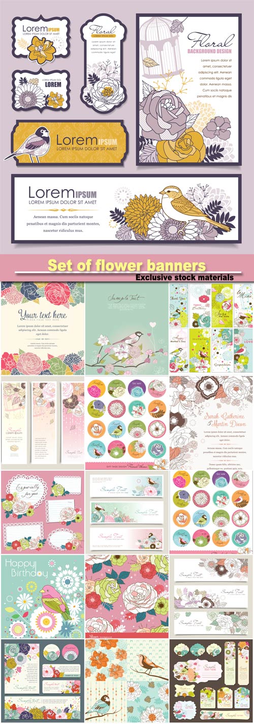 Set of flower banners, invitation card with flower