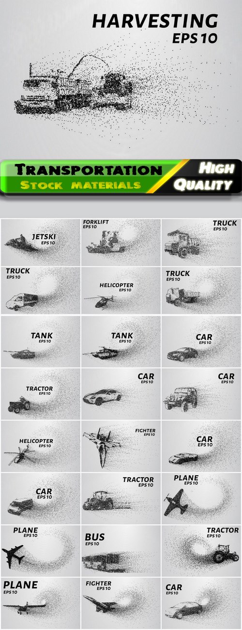 Transportation in dots style set car truck airplane bus helicopter 25 Eps