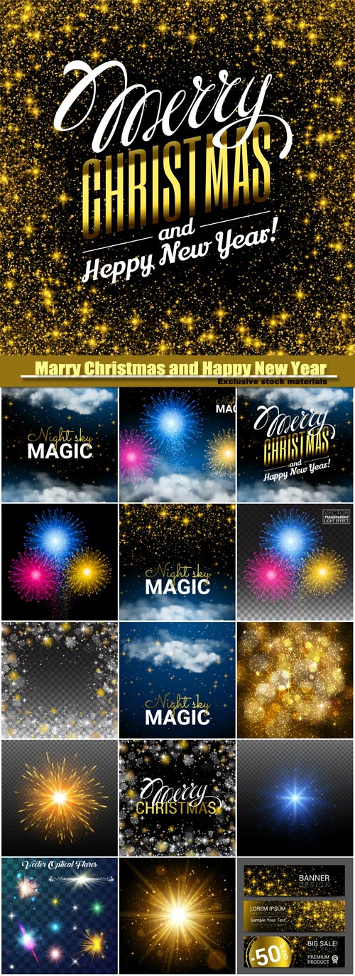 Marry Christmas and Happy New Year vector, magic Christmas cloud, shining Starsand night sky abstract