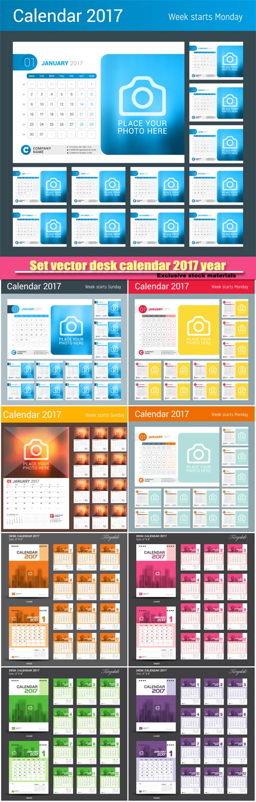 Set vector desk calendar 2017 year