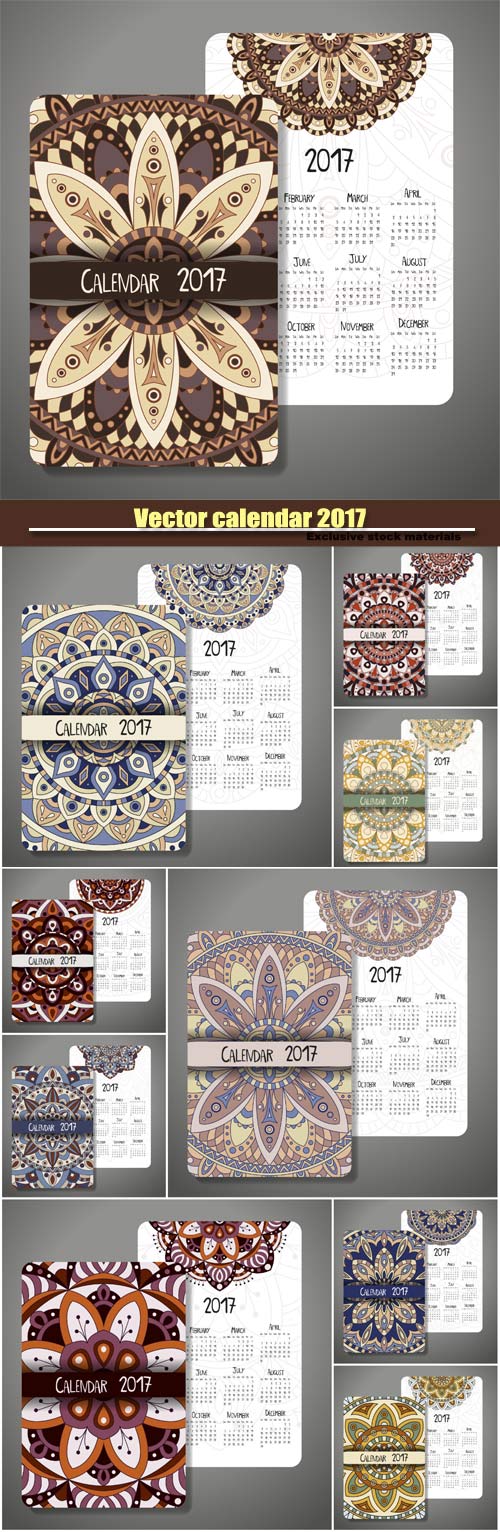 Vector calendar 2017 with decoraive mandala design
