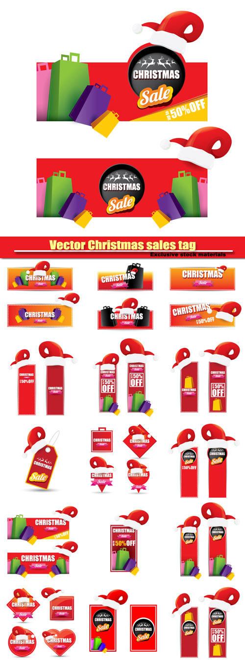 Vector Christmas sales tag and label with red santa hat