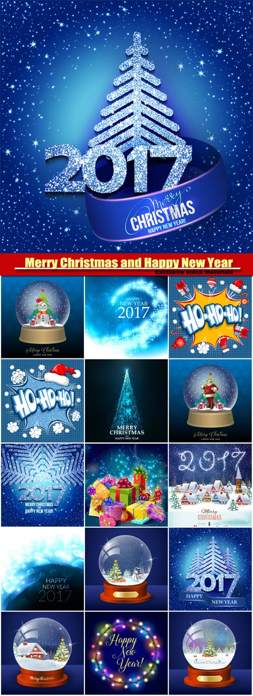 Merry Christmas and Happy New Year vector, Christmas trees, winter globe with christmas tree